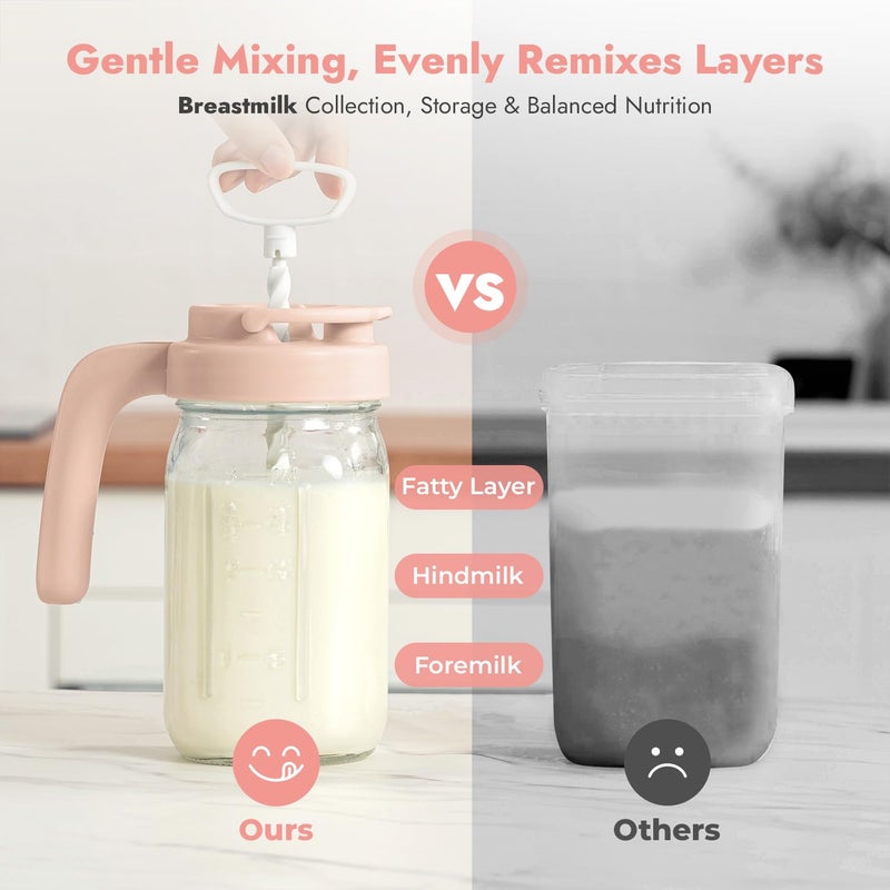 Papablic Glass Breastmilk Pitcher, Fast Baby Formula Maker with Mixing Handle Lid, Wide Mouth Mason Jar Breast Milk Storage Container with Flip-Lock Spout, BPA-Free, Pink. - Image 3